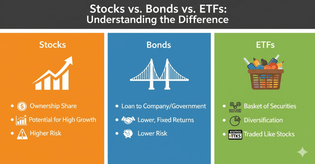 The Difference Between Stocks, Bonds, and ETFs