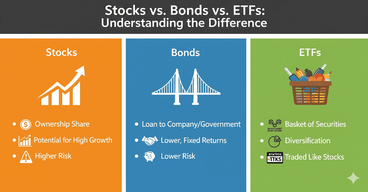 The Difference Between Stocks, Bonds, and ETFs