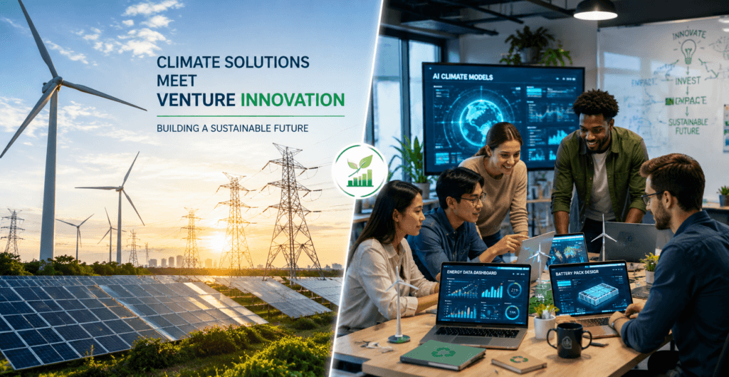 how green‑tech startups are attracting investment Modern U.S. clean‑energy wind farm with solar panels and transmission towers under a clear sky, representing green‑tech infrastructure investment in 2026