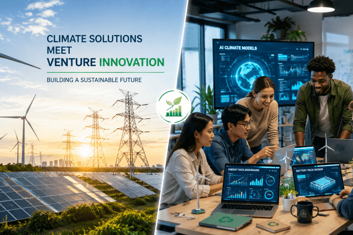 how green‑tech startups are attracting investment Modern U.S. clean‑energy wind farm with solar panels and transmission towers under a clear sky, representing green‑tech infrastructure investment in 2026